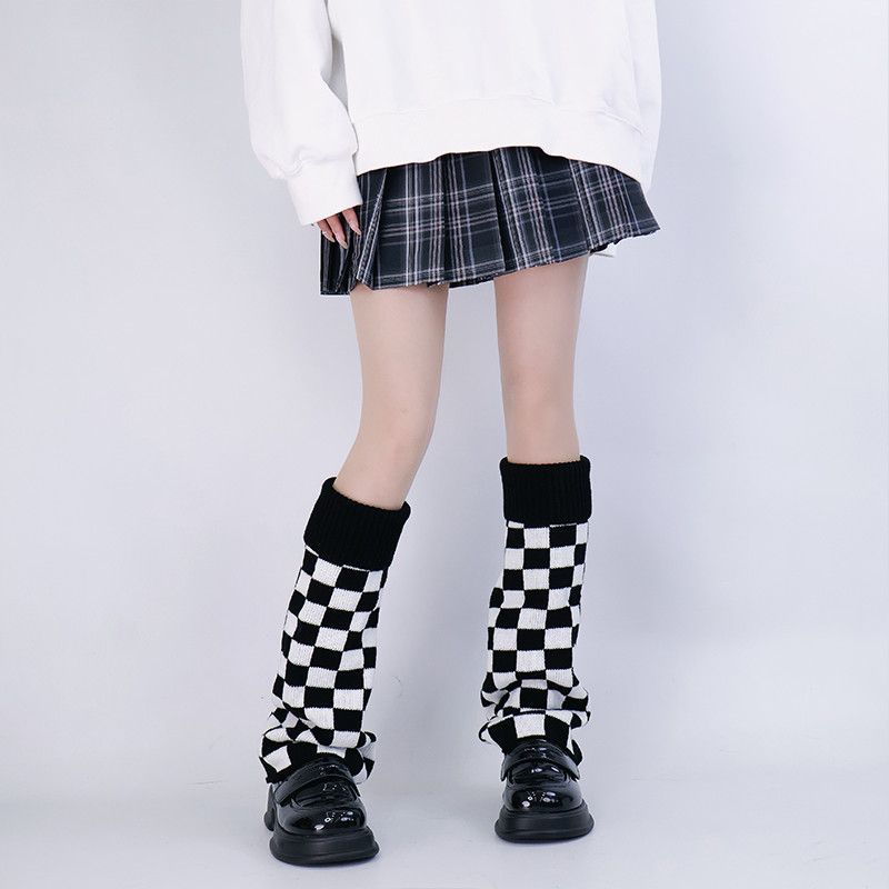 Boot Sock Slouchy - Zwart-wit geruite beenwarmers gebreide slouchy sokken