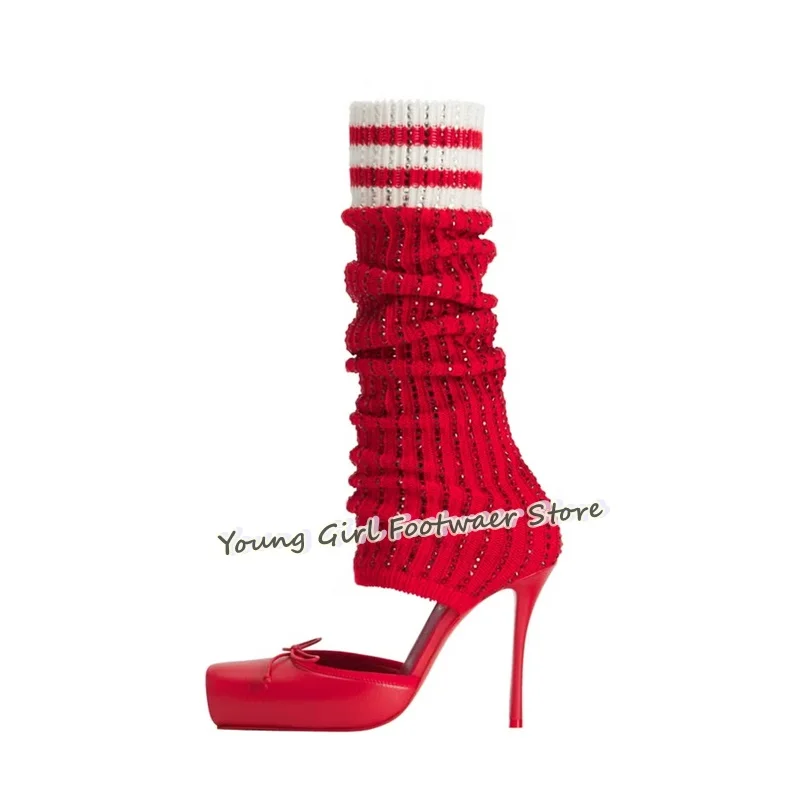 Knee High Sock Women - Schoenvormige stilettohakken Rode balletsoklaarzen Strikdecoratie Satijnstof