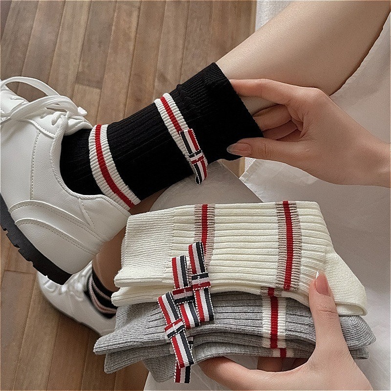 Cotton Crew Sock Pack - Dames 3-pack gekamde katoenen gestreepte sokken