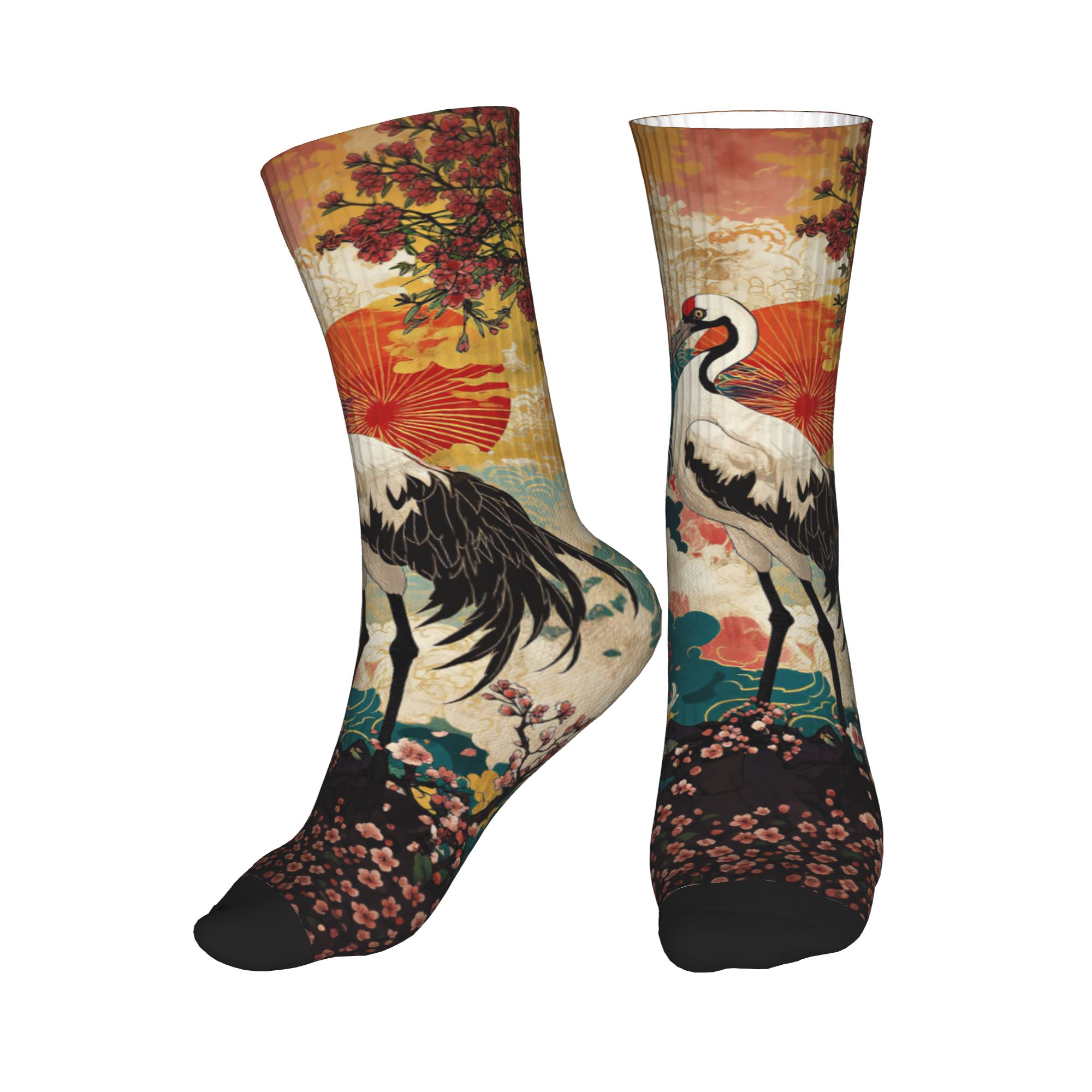 Dress Sock Men - Mode Heren Ukiyo-e Double Crane Cherry